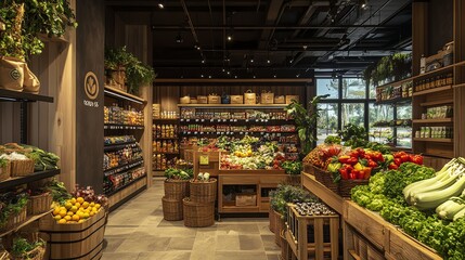 A modern grocery store interior with fresh produce displayed in wooden baskets. The store is decorated with wooden shelves and green plants.