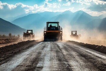 Obraz premium Road construction with heavy machinery in mountains