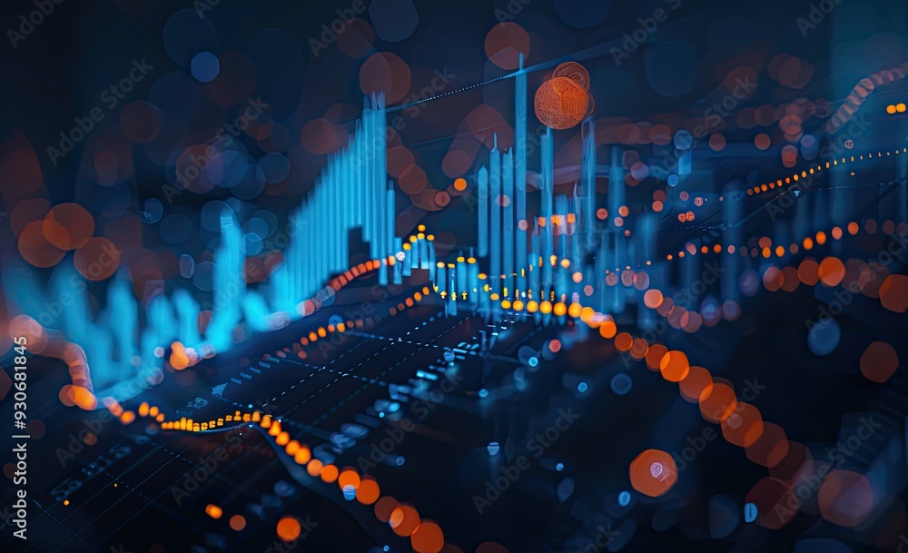 Poster a blue stock market graph with a dark background, blurred with a bokeh effect, featuring blue lines 