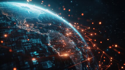 Obraz premium Earth with illuminated connection lines on a digital data background, showcasing global network and internet technology communication in realism