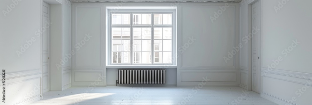 Poster a captivating image of an unoccupied room featuring a window and a heating radiator within a clean w