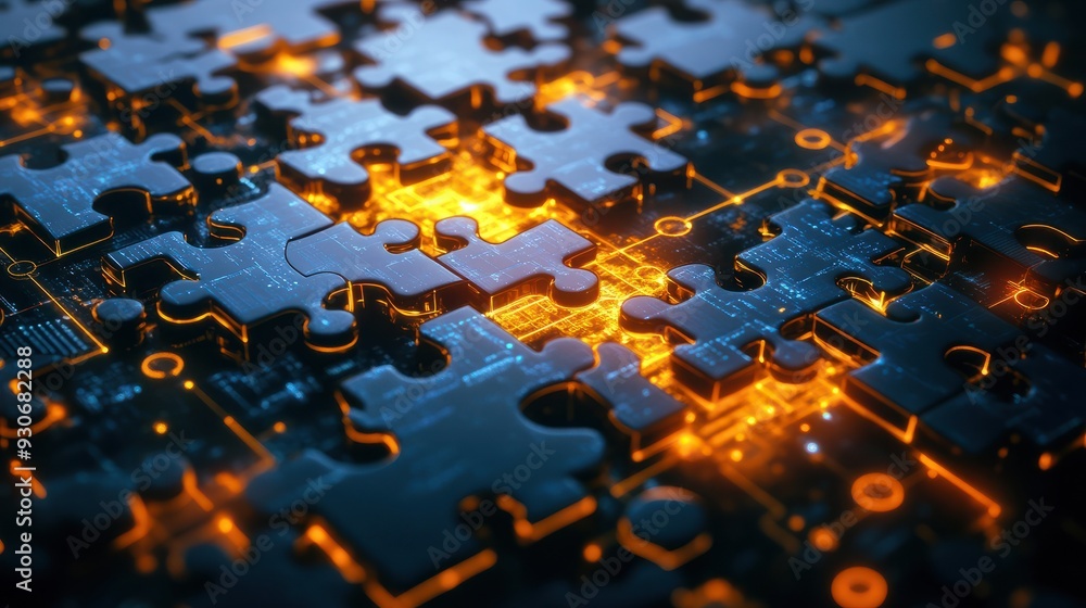 Aufkleber glowing puzzle pieces connected in a digital network, highlighting concepts of connectivity, problem
