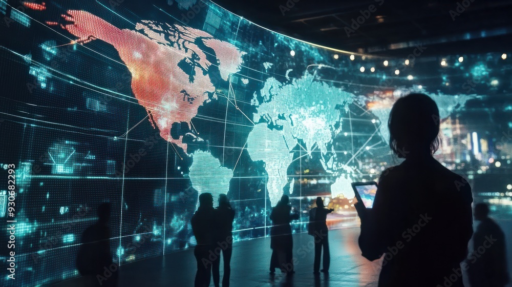 Poster global network connecting people using technology over world map