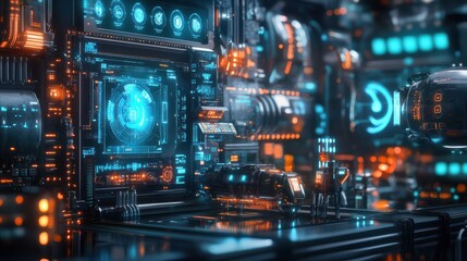 Obraz premium Glossy cyber supply chains: Innovative cyber security technology depicted in photo realistic digital art, showcasing structured and advanced digital assets. Stock Concept