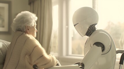 Robot medic examines an old patient in the futuristic medical bay
