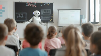 humanoid robot teacher pointing at a smart board filled with animated infographics, while students engage using tablets and smart notebooks.