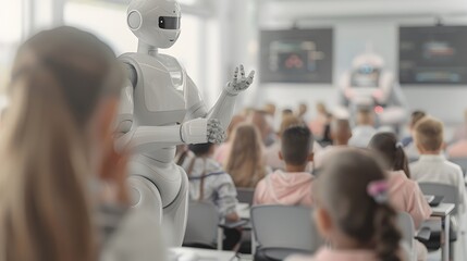 humanoid robot teacher pointing at a smart board filled with animated infographics, while students engage using tablets and smart notebooks.