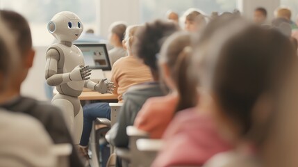 humanoid robot teacher pointing at a smart board filled with animated infographics, while students engage using tablets and smart notebooks.