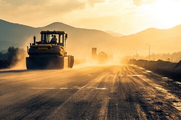 Fototapeta premium Road roller smoothing dirt road at sunset
