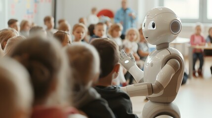 humanoid robot teacher pointing at a smart board filled with animated infographics, while students engage using tablets and smart notebooks.