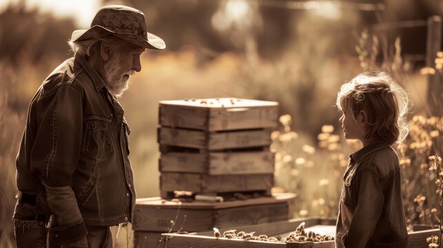Elderly Beekeeper Teaching Child About Bees in Backyard Apiary.