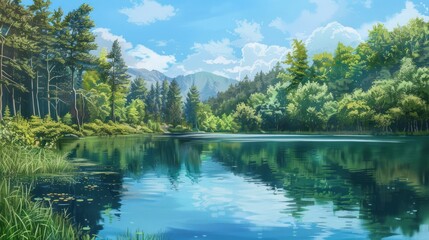 Tranquil Lake Surrounded by Lush Greenery