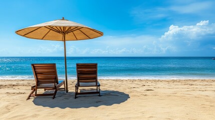 Obraz premium Sunshade umbrellas casting shadows on wooden lounge chairs on sunny beach near ocean on summer day