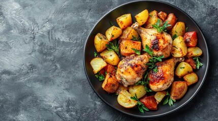 Roasted, baked chicken with potatoes and herbs on dark plate. Grey background. Copy space. Top view. Banner concept