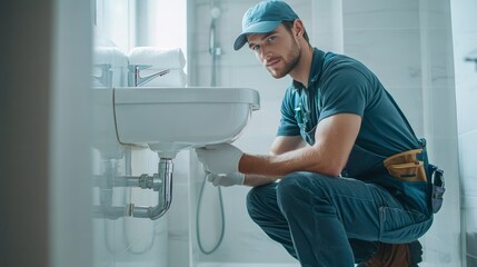 Professional plumber in uniform and cap fixing white pipes in bathroom for home maintenance