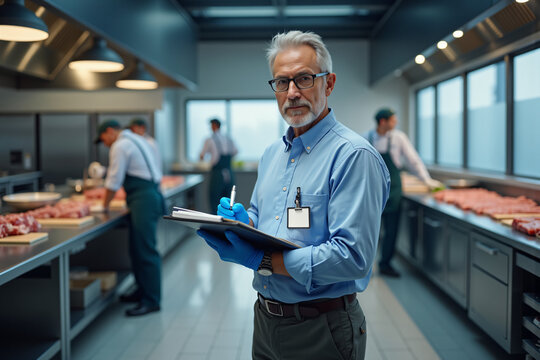 Public health inspector examining raw meats in commercial kitchen