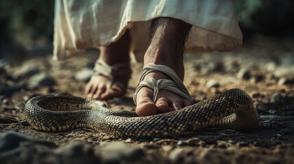 Biblical symbol  man in white robe, jesus imagery, conquers serpent per genesis, divine promises