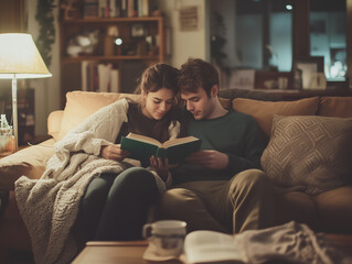 Couple sitting on a sofa, reading a book together under soft lighting, surrounded by warm tones, evoking a sense of comfort and togetherness.