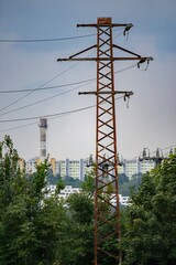 High voltage power line close-up. Power outage due to war in Ukraine
