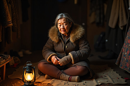 Elderly Inuit seamstress stitching sealskin parka