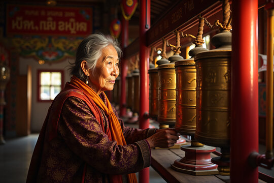 Elderly Tibetan woman spinning prayer wheels in Buddhist temple