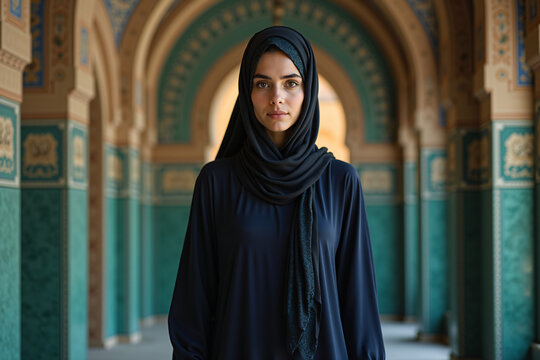 Iranian woman in traditional chador standing in front of mosque