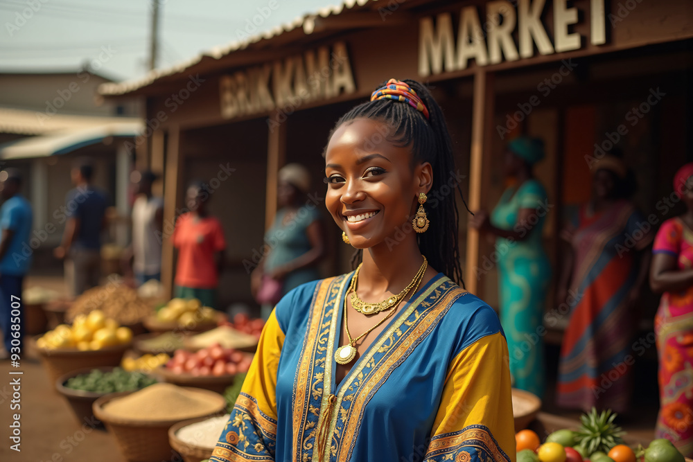 Wall mural smiling gambian woman in blue and yellow kaftan at brikama market