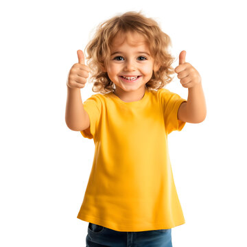 portrait of isolated little, 5 - 8 years, blond girl with excited/positively surprised face expression; small kid with open mouth raising thumbs up; yellow t-shirt; white background