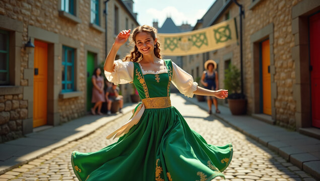 Young woman performs Irish dance in traditional costume in village street