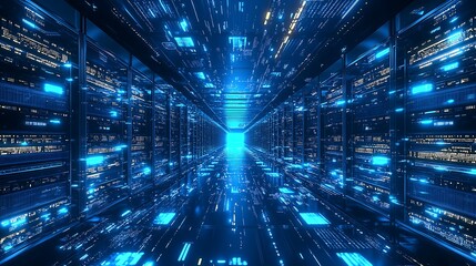 Futuristic Blue Neon Data Center Hallway with Server Racks