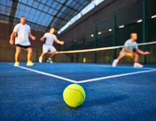 Obraz premium Single padel ball bouncing on the court surface with a blurred background of players
