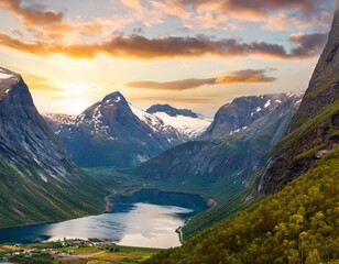 Fototapeta premium Panoramic shot from Norway, Andalsnes, Romsdalen Rauma, Eggen, View to trollstigen