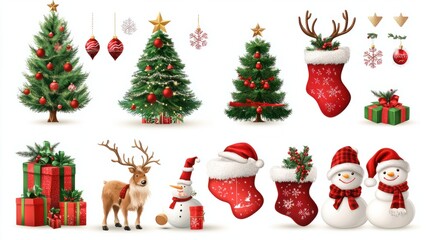 Christmas design elements collection isolated on transparent white background. Santa Claus, Christmas tree, gifts, reindeer, snowman and stocking