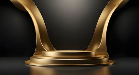 Gold black podium background 3D golden product line stage dark platform wave display. Design podium black luxury gold light scene pedestal presentation showcase event beauty shine object cosmetic sale