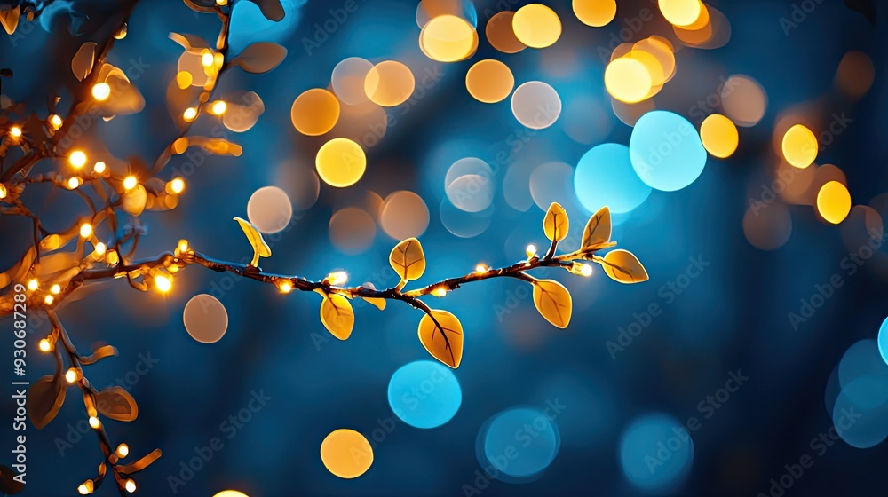Poster a close-up of a branch adorned with glowing lights, creating a magical atmosphere in a dark blue bac