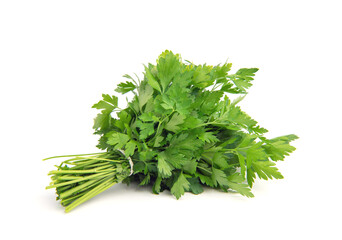 Fresh green parsley bunch on white background.