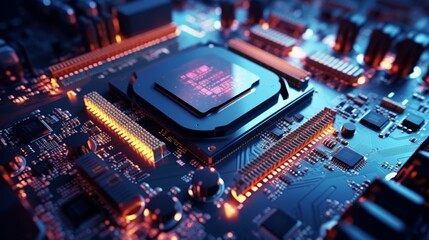 Fototapeta premium Close up, Motherboard with electronic components. Powerful processor. Development of computer technologies. Modern electronics production. Electronic circuit board with processor, close up.