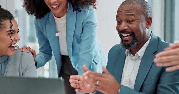 Clapping, people and celebration in office, laptop and success of pitch, desk and collaboration in bank. Corporate, women and reading of email by employee, deal and congratulations in business