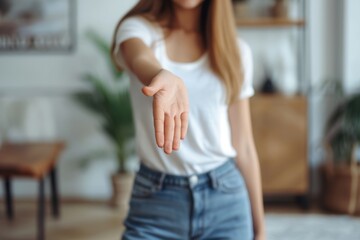 Crop close up of young Caucasian woman stretch hand get acquainted greeting with client or customer at meeting. Female employee handshake welcoming newcomer newbie. Acquaintance concept