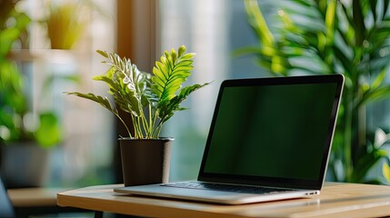 A modern workspace featuring a laptop beside a potted plant, creating a fresh and vibrant atmosphere for productivity.