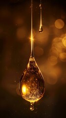 Close-Up of Dripping Golden Oil with Glowing Droplet Detail.