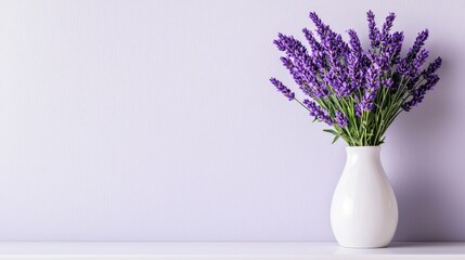 A serene arrangement of lavender flowers in a white vase against a soft lavender backdrop, adding elegance to any space.