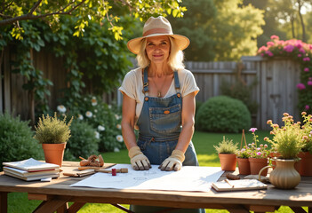 Female garden designer planning landscape in lush backyard