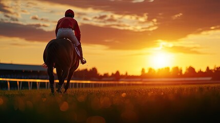 A serene sunset silhouette of a jockey riding a horse along a racetrack, capturing the essence of equestrian sport and nature.