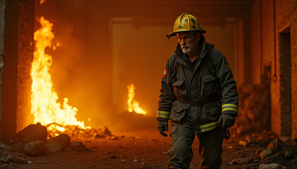 Naklejka premium Firefighter battling intense blaze in abandoned warehouse
