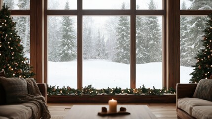 A cozy living room with a large window overlooking a snowy landscape. A lit candle sits on a table in front of a couch