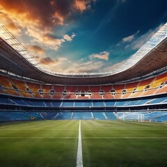 Empty stadium showcasing a well-maintained, lush green playing field under bright lights, football stadium inside view,  stadium background, empty arena in neon light