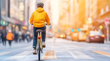 A man in a yellow jacket rides a bicycle down a city street. The scene is bustling with activity, with many people walking and cars driving by. The man on the bike is the main focus of the image