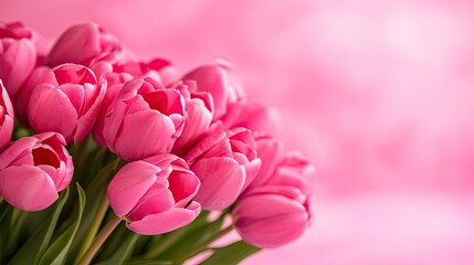 Fototapeta premium A vibrant bouquet of pink tulips against a soft pink background, perfect for spring and floral-themed designs.