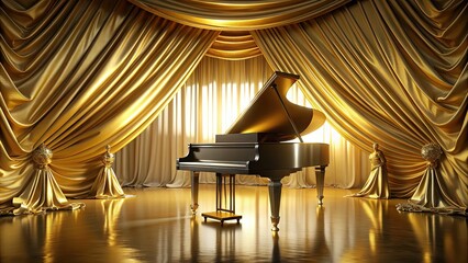 Elegant grand piano situated on a lavish stage, adorned with luxurious golden drapes and a beautifully crafted formal invitation lying on its polished surface.